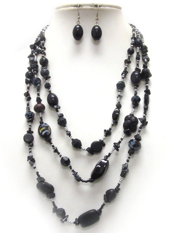 Multi Acrylic And Wooden Bead And Chip Stone 3 Layered Necklace Earring Set