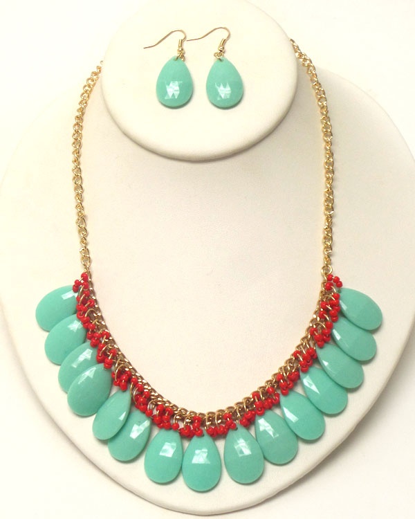 Multi Teardrop Stone Dangle Necklace Earring Set