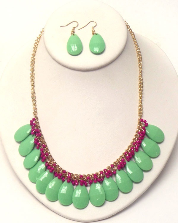 Multi Teardrop Stone Dangle Necklace Earring Set