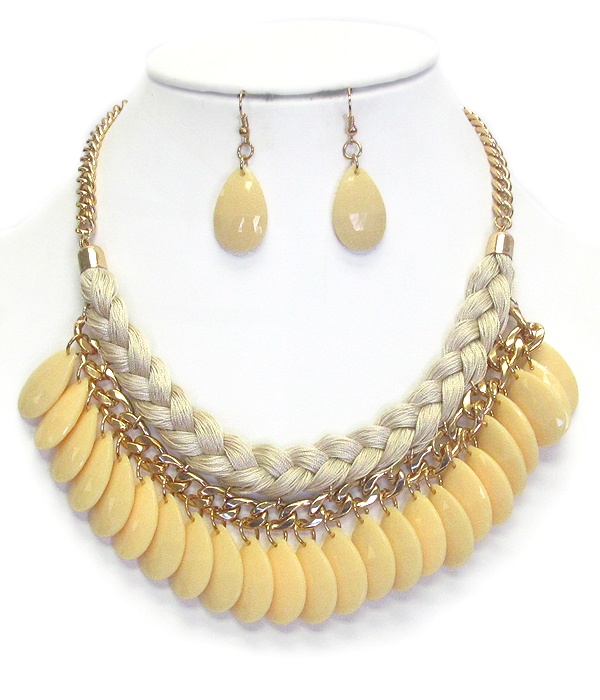 Fabric Rope And Chain Mix Acrylic Teardrop Necklace Earring Set