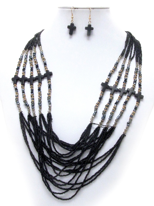 Multi Seed Bead And Cross Deco 5 Layered Necklace Earring Set