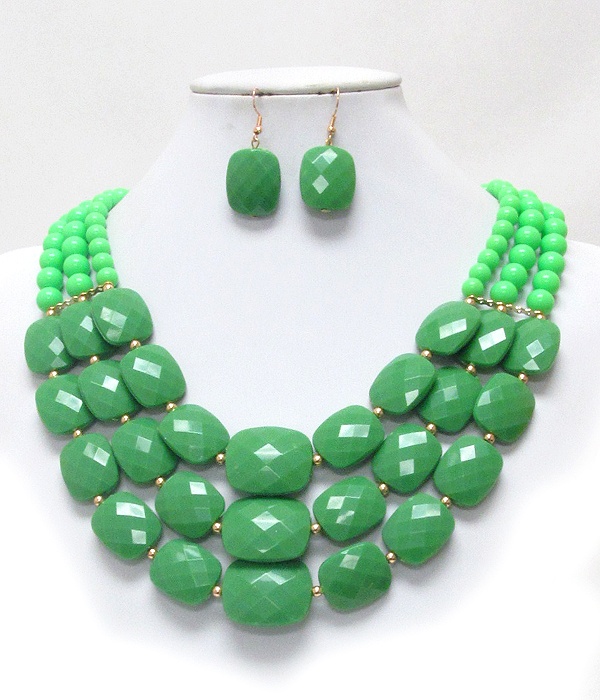 Multi Facet Acrylic Stone Link 3 Layered Necklace Earring Set