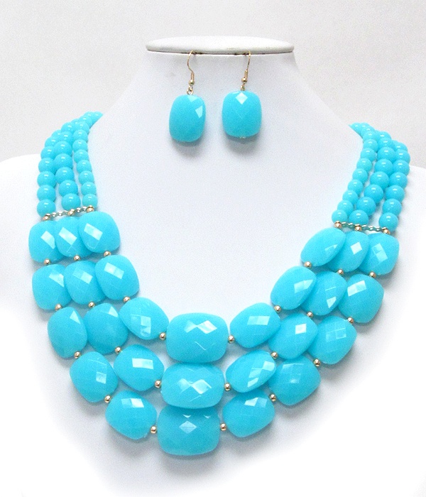 Multi Facet Acrylic Stone Link 3 Layered Necklace Earring Set