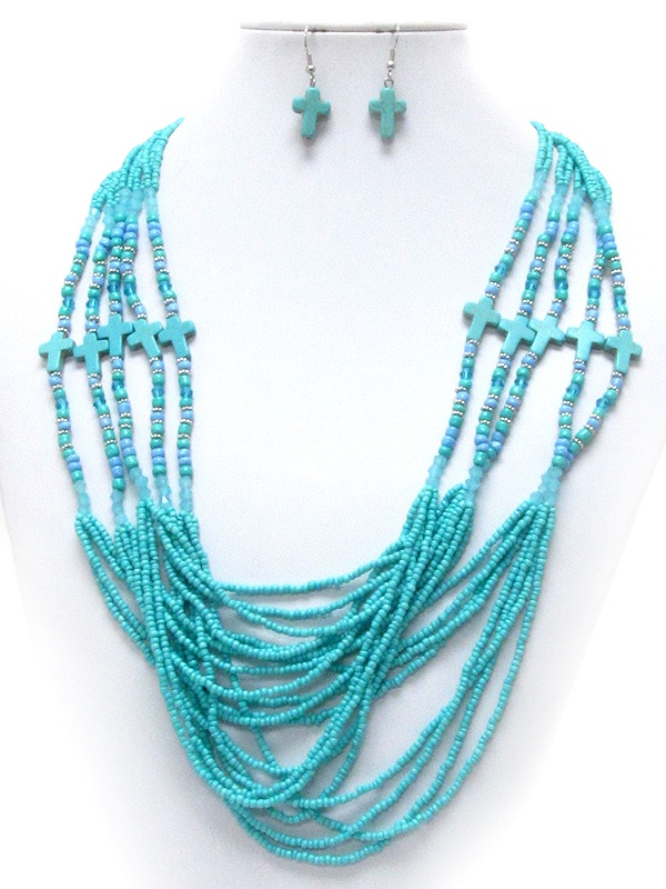Multi Seed Bead And Cross Deco 5 Layered Necklace Earring Set