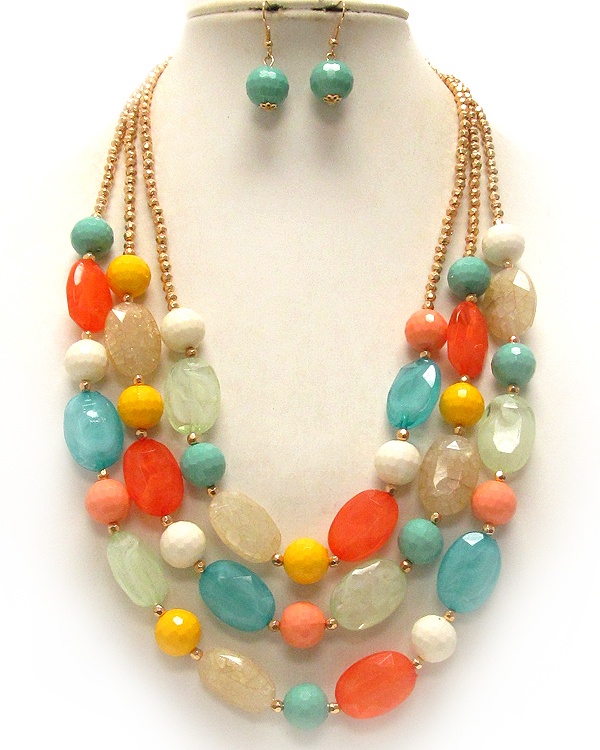 Multi Acrylic And Glass Stone Mix 3 Layer Necklace Earring Set