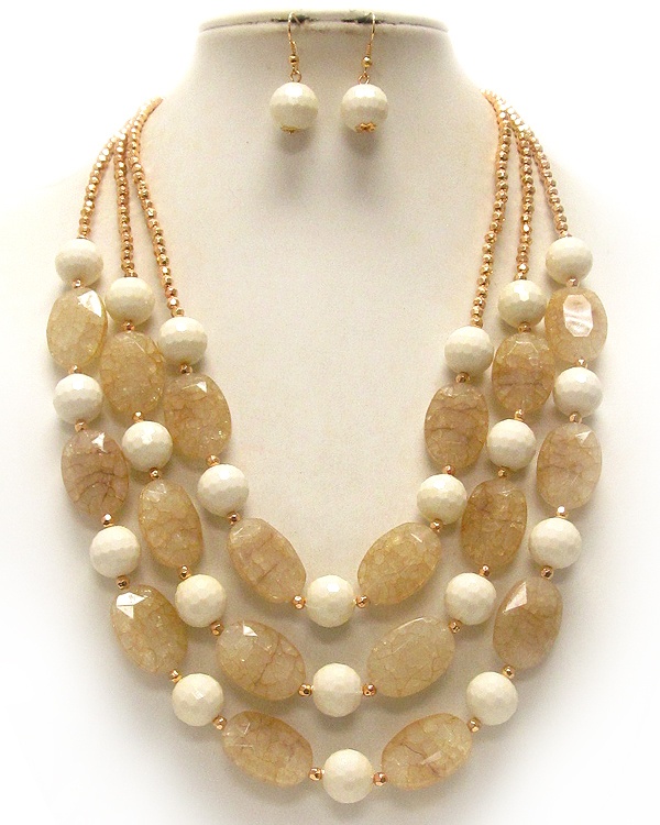 Multi Acrylic And Glass Stone Mix 3 Layer Necklace Earring Set