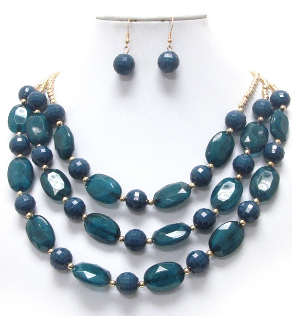 Multi Facet Acrylic Stone 3 Layered Necklace Earring Set