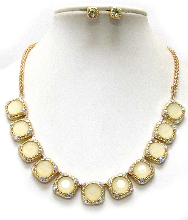Crystal And Facet Glass Deco Multi Square Pattern Chain Necklace Earring Set