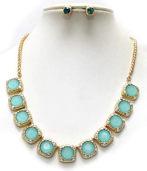 Crystal And Facet Glass Deco Multi Square Pattern Chain Necklace Earring Set