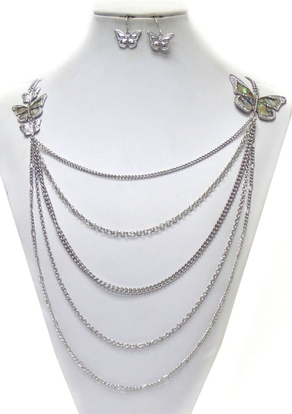 Crystal Shell Butterflys On Side Drop Multi Chain Necklace Earring Set