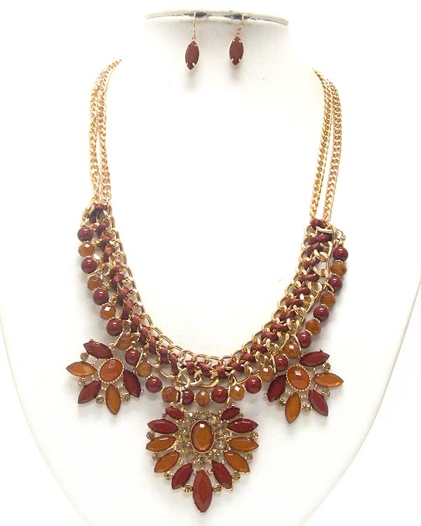 Multi Acrylic Arrowhead Stone And Bead Chain Link Necklace Earring Set