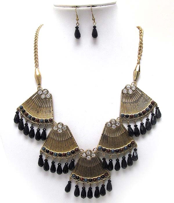 Crystal Metal Textured Triangle Drop Dangle Acryl Tear Drop Necklace Earring Set