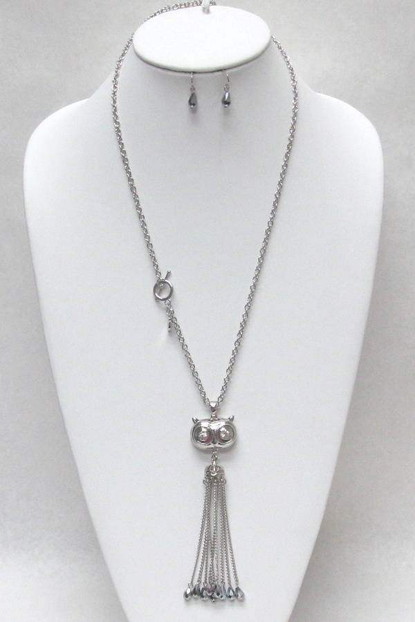 Owl Face And Chain Tassel Drop Long Necklace Set
