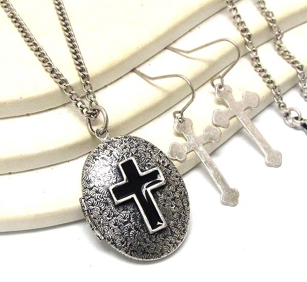 Oval Textered With Epoxy Cross On Locket Long Chain Necklace Earring Set
