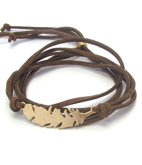 Metal Feather And Suede Cord Pull Tie Wrap Bracelet