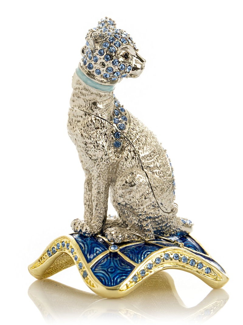 Elegant Silver Cat Trinket Box With Blue Crystals