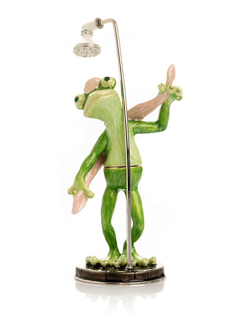 Frog Taking A Shower Trinket Box With Pink Towel
