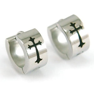Silver Gothic Cross Stainless Steel Hoop Mens Earrings