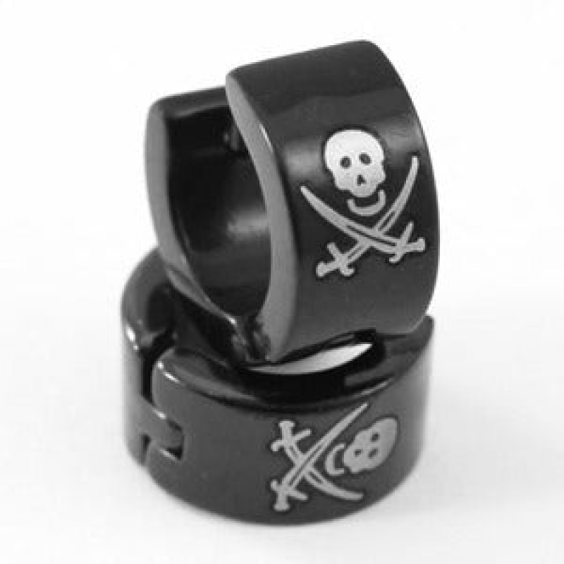Black Skull Cross Swords Stainless Steel Mens Earrings