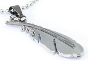 Biker Gothic Silver Feather Cubic Zirconia Steel Mens Pendant Necklace