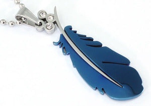 Gothic Blue Feather Cubic Zirconia Steel Mens Pendant Necklace