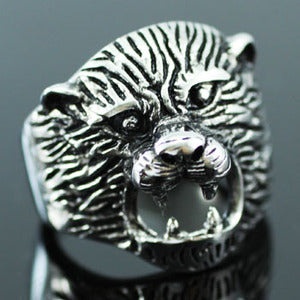 Roaring Bear Head Stainless Steel Mens Ring