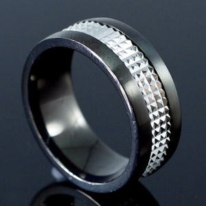 Silver Black Tone Light-Reflective Shine Stainless Steel Spin Mens Ring