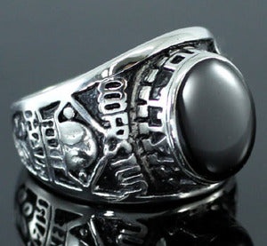 Tribal Black Agate Stainless Steel Champion Mens Ring - Size