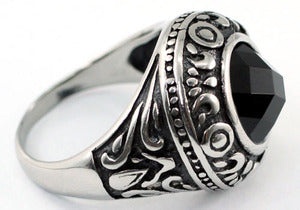 Gothic Round Black Agate Magnetic Health Stainless Steel Mens Ring