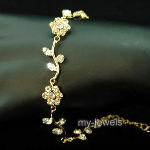 Bridal Fashion Flowers Clear Rhinestone Gold Bracelet