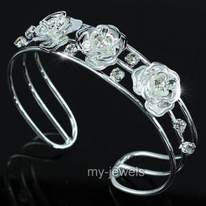 Bridal Wedding Rose Crystal Silver Cuff Bangle