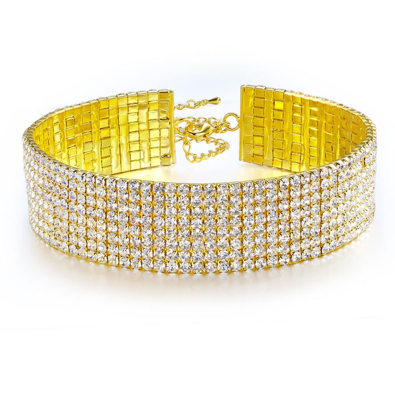 Bridal Wedding 8 Row Stretch Rhinestone Gold Choker