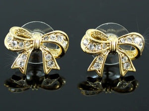 Bow Ribbon Gold Plated Earrings Use Austrian Crystal