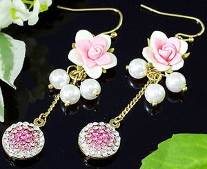 Pink Dangle Flower Earrings Use Swarovski Crystals