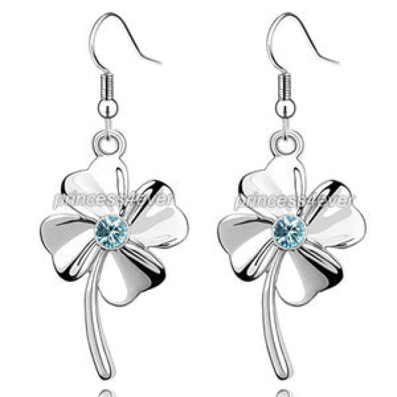 Aqua Blue Dangle 4 Leaf Clover Flower Earrings Use Austrian Crystal