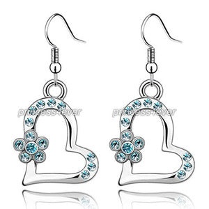 Aqua Blue Dangle Heart Flower Earrings Use Austrian Crystal