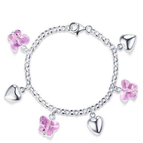 Solid Sterling Silver Pink Butterfly Hearts Bracelet Baby Kids Girl Gift Children Jewelry