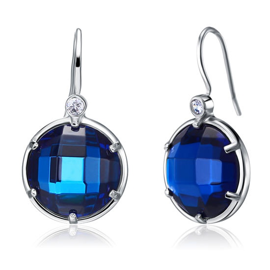 Navy Blue Created Topaz Dangle Sterling Silver Bridal Earrings