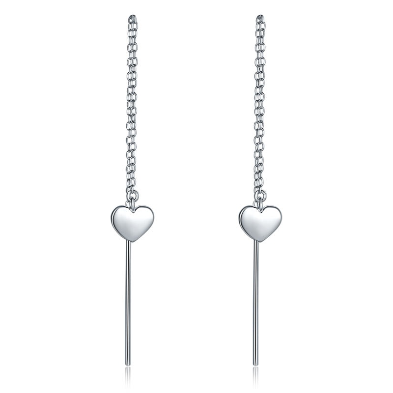 Dangle Drop Heart Sterling Silver Earrings One Line Long Elegant