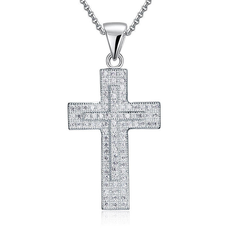 Micro Setting Cubic Zirconia 925 Sterling Silver Cross Pendant Necklace