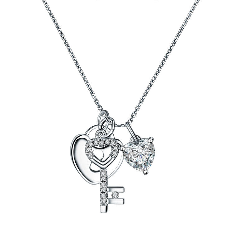 Love Heart Lock Key 925 Sterling Silver Pendant Necklace 1.5 Carat Simulated Diamond