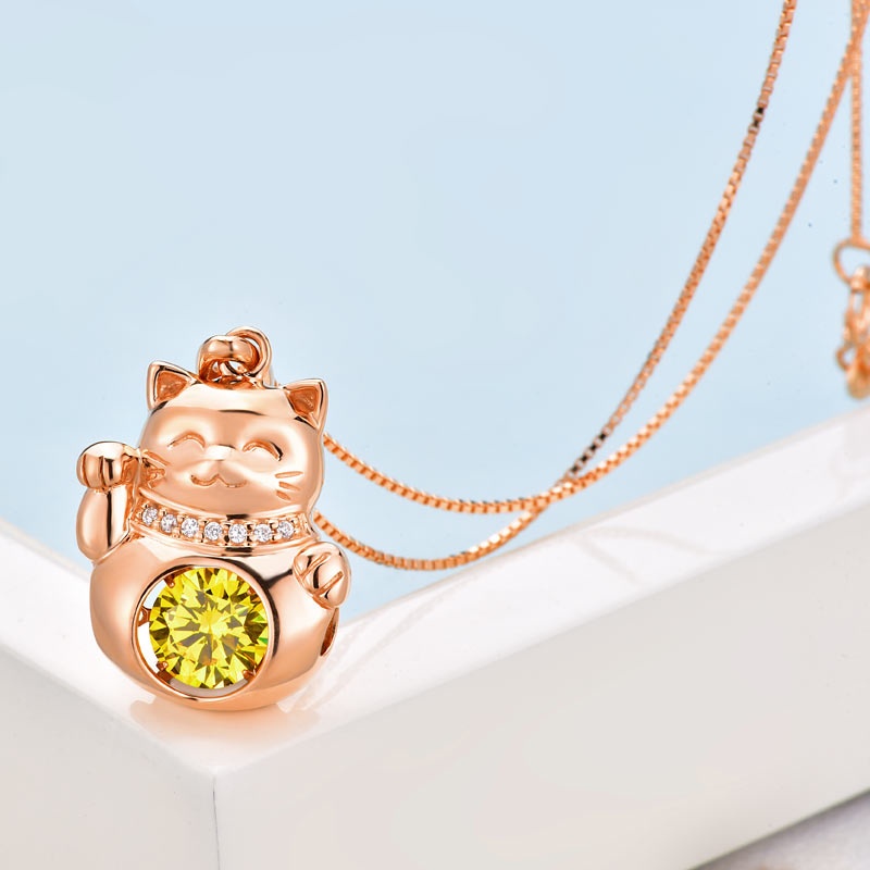 Lucky Cat Dancing Stone Pendant Necklace 925 Sterling Silver Rose Gold Plated