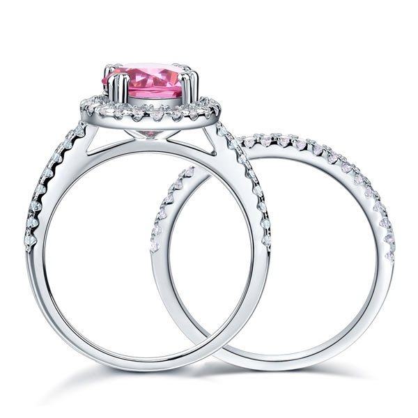 925 Sterling Silver Wedding Engagement Halo Ring Set 2 Carat Pink Simulated Diamond Wedding Jewelry Xfr8220