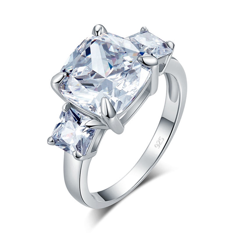 Cushion Cut 4 Carat Solid 925 Sterling Silver Ring Three-Stone Pageant Luxury Jewelry Xfr8309