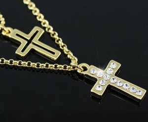 Double Cross Gold Necklace Use Austrian Crystal
