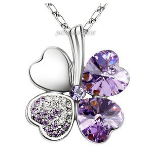 Lilac Light Purple 4 Leaf Clover Flower Heart Love Necklace Use Swarovski Crystal