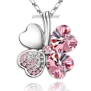 Light Pink 4 Leaf Clover Flower Heart Love Necklace Use Swarovski Crystal