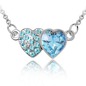 Aqua Blue Double Heart Necklace Use Austrian Crystal