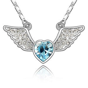 Angel Wing Aqua Blue Heart Necklace Use Austrian Crystal