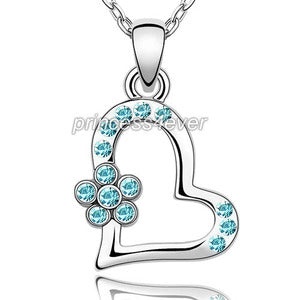 Heart Aqua Blue Flower Necklace Use Swarovski Crystal